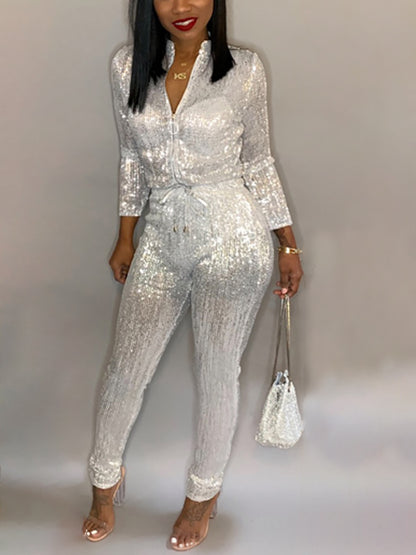 Long Sleeve Sequin Belted Jumpsuit