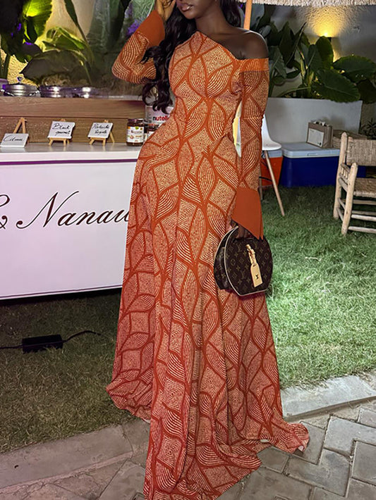 Boho Asymmetric Neck Geometric Maxi Dress