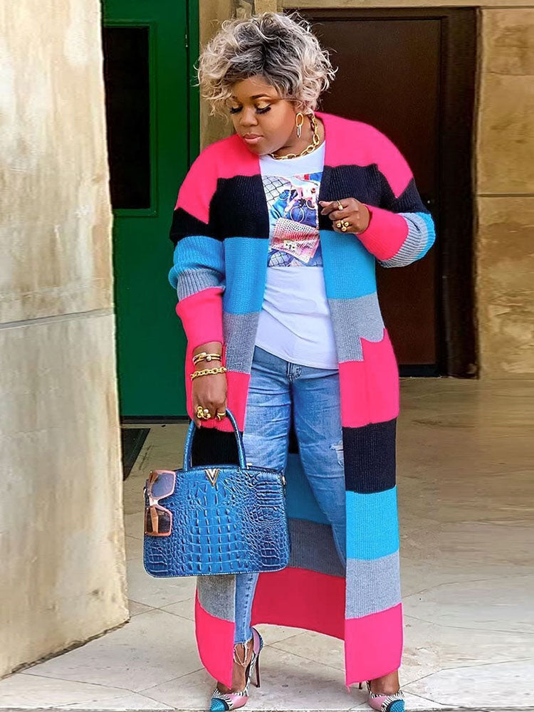 Cárdigan tipo suéter de manga larga con bloques de color de talla grande