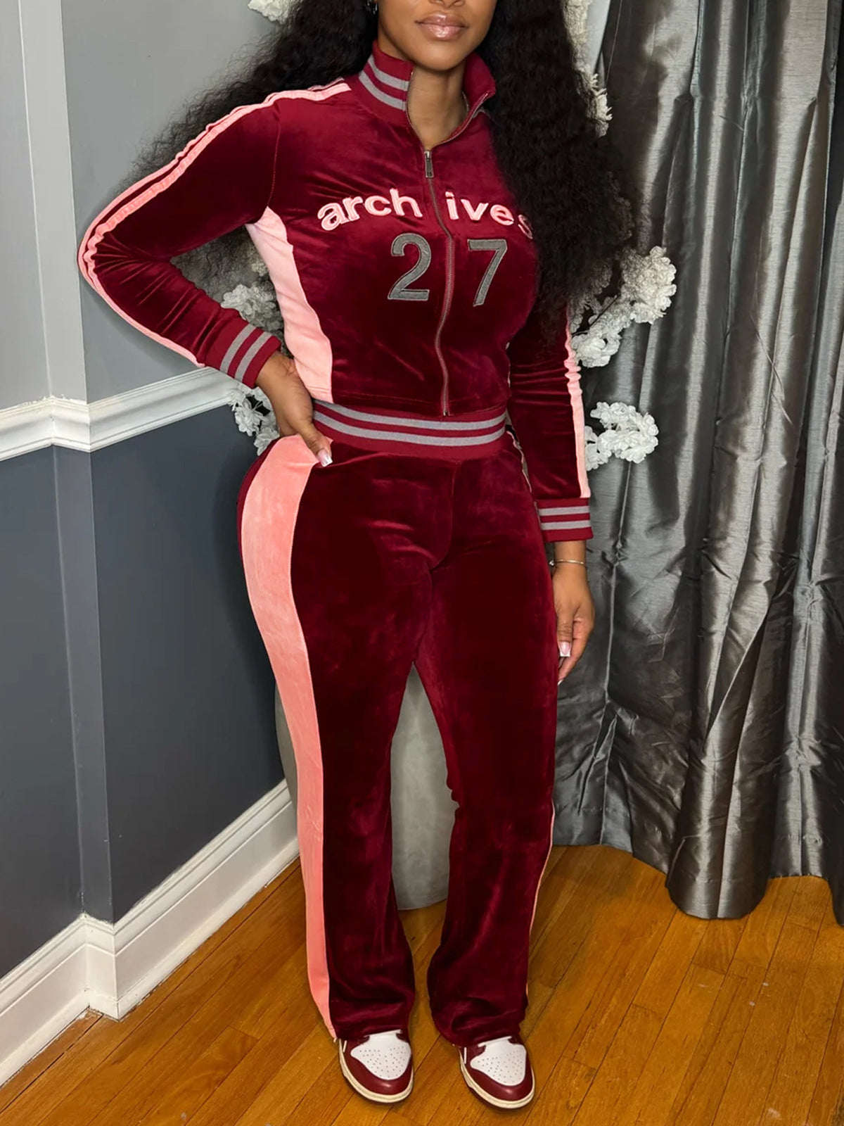 Embroidered Velvet Jacket Flare Pants Set
