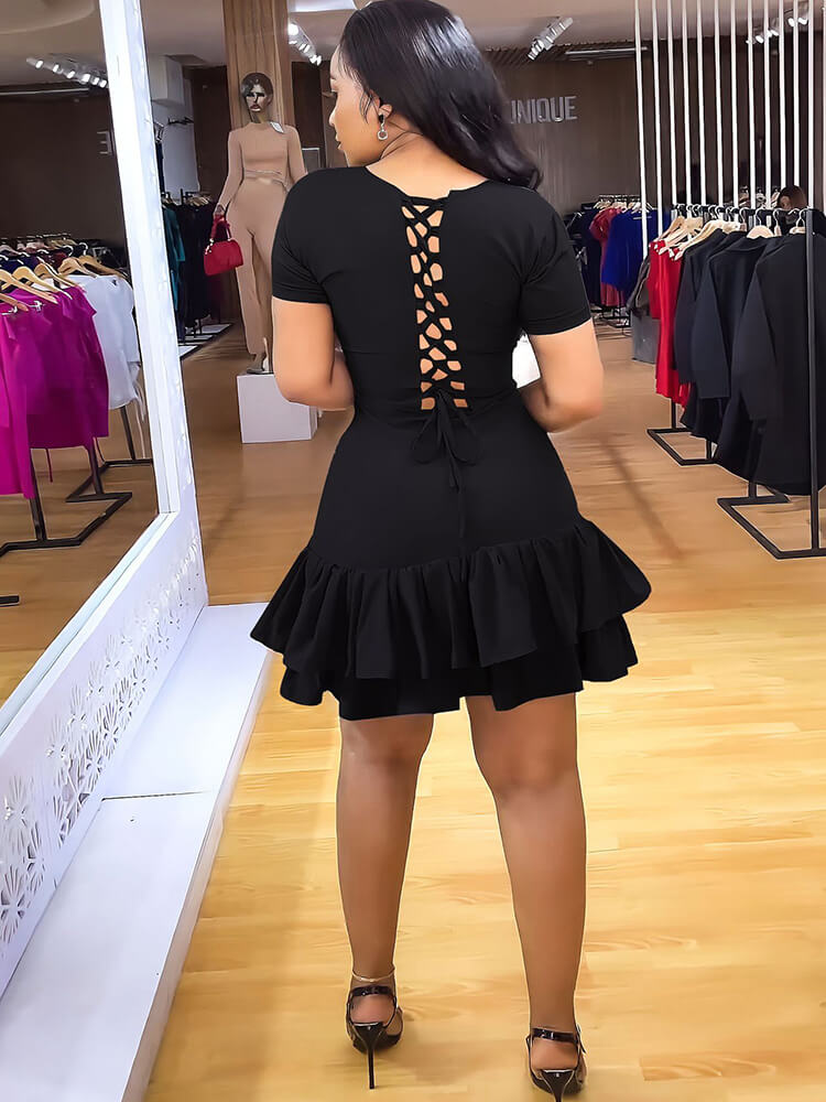 Short Sleeve Criss Cross Ruffle Mini Dress