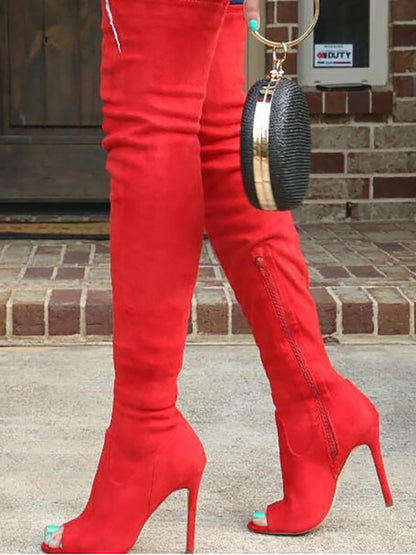 Open-Toe Side Zipper Suede Knee-High Boots