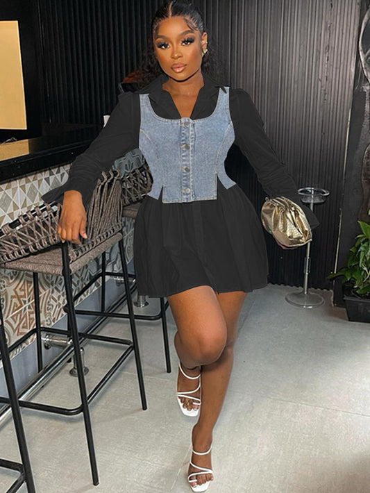 Conjunto de minivestido camisero con mangas acampanadas y chaleco vaquero