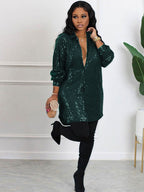 Minivestido camisero de manga larga con lentejuelas brillantes