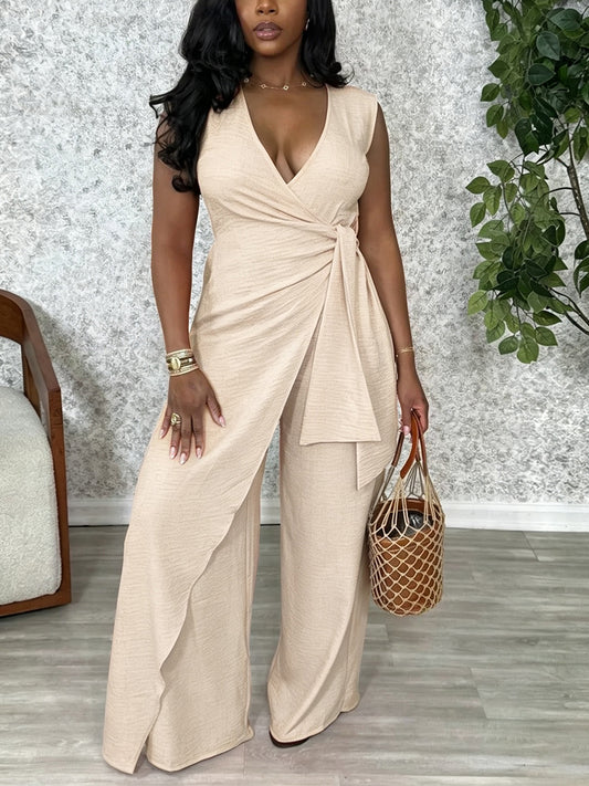 Elegant Wrap Waist Wide Leg Jumpsuit