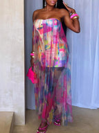 Colorblock Mesh Patchwork Strapless Dress