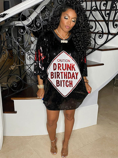 Short Sleeves Print Sequins Mini Dress