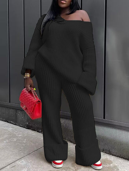 Loose Knit Top Wide Leg Pants Set