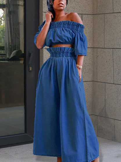 Off Shoulder Denim Top Wide Leg Pants Set