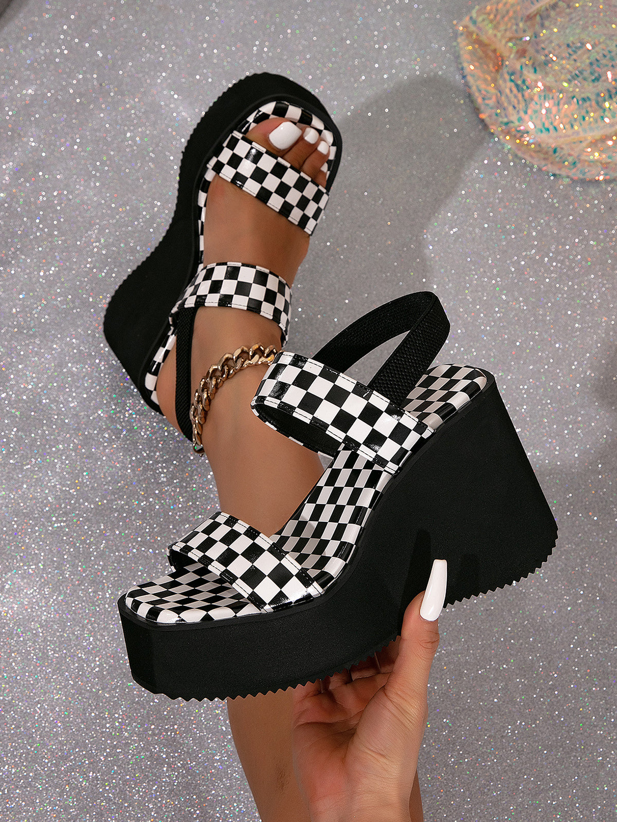 Plaid Buckle Platform Chunky Heel Sandals