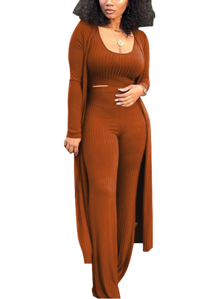 Conjunto de tres piezas Crop Top+Cárdigan largo tipo kimono+Pantalones