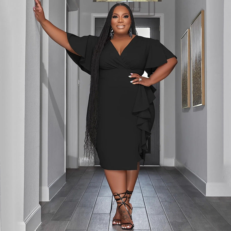 Vestidos midi con volantes y cuello en V de manga corta