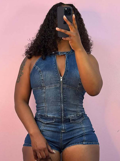 Sleeveless Zip Front Cutout Denim Romper