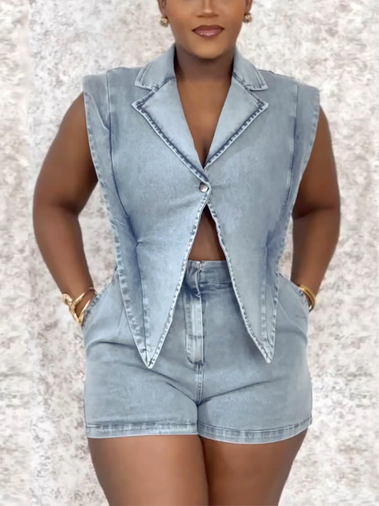 Sleeveless Elastic Waist Denim Romper