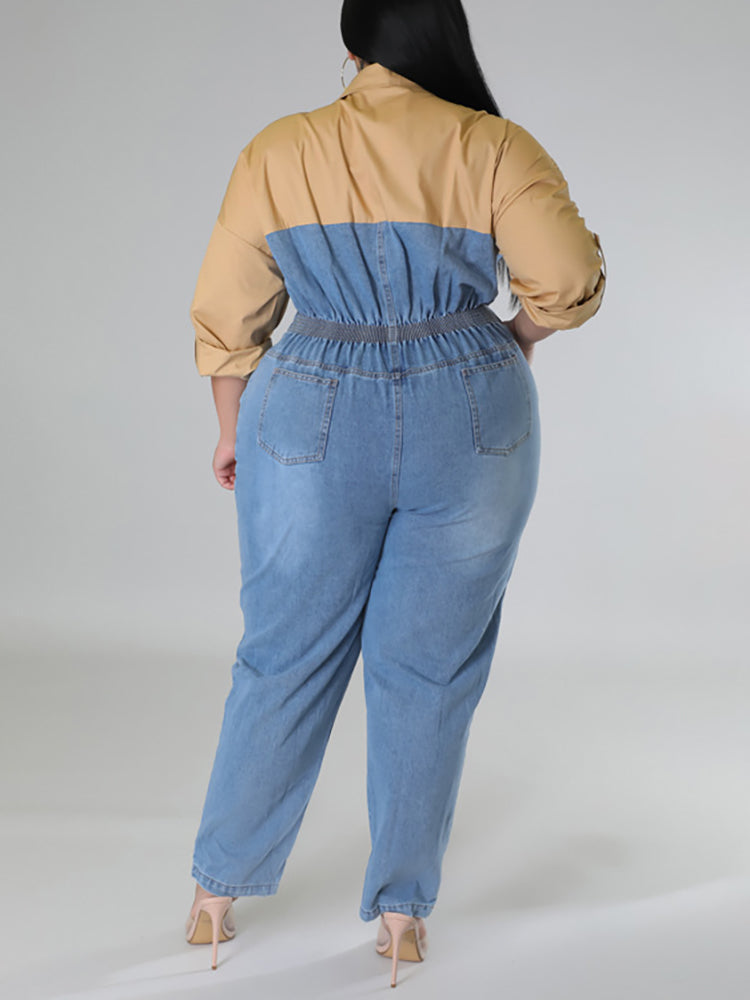 Plus Size Color Block Denim Jumpsuit