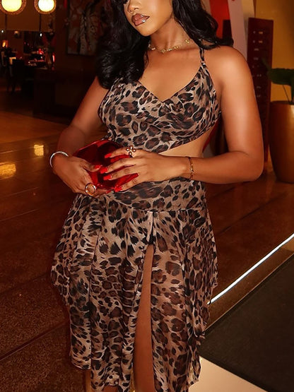 Asymmetrical Leopard Halter Neck Dress