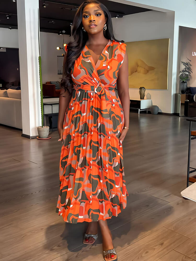 Sleeveless Printed Pleated Bodycon Maxi Dress