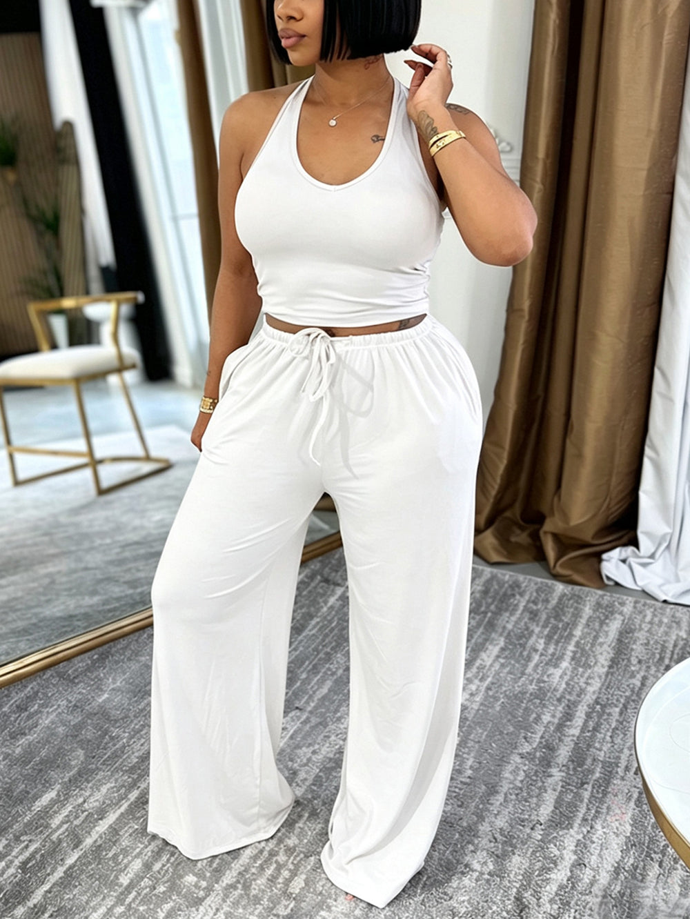Halter Top Pocket Wide Leg Pants Set