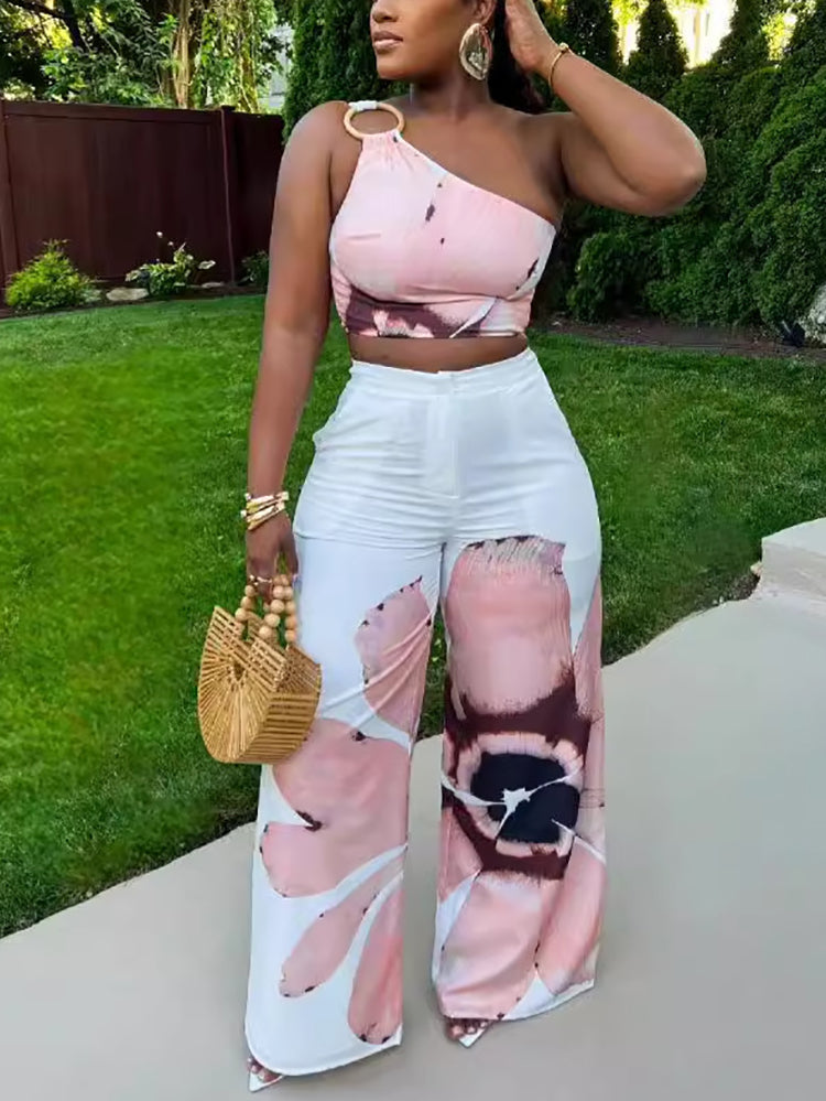 Two Piece One-Shoulder Floral Print Pants Set