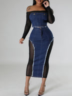 Off Shoulder Mesh Denim Skirt Set