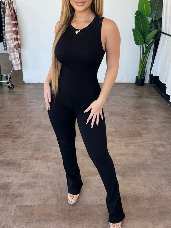 Bodycon Sleeveless Crew Neck Ribbed Knit Jumpsuits
