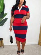 Lapel Stripe Color Block Midi Dress