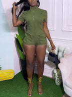 Short Sleeve Zip Utility Cargo Romper