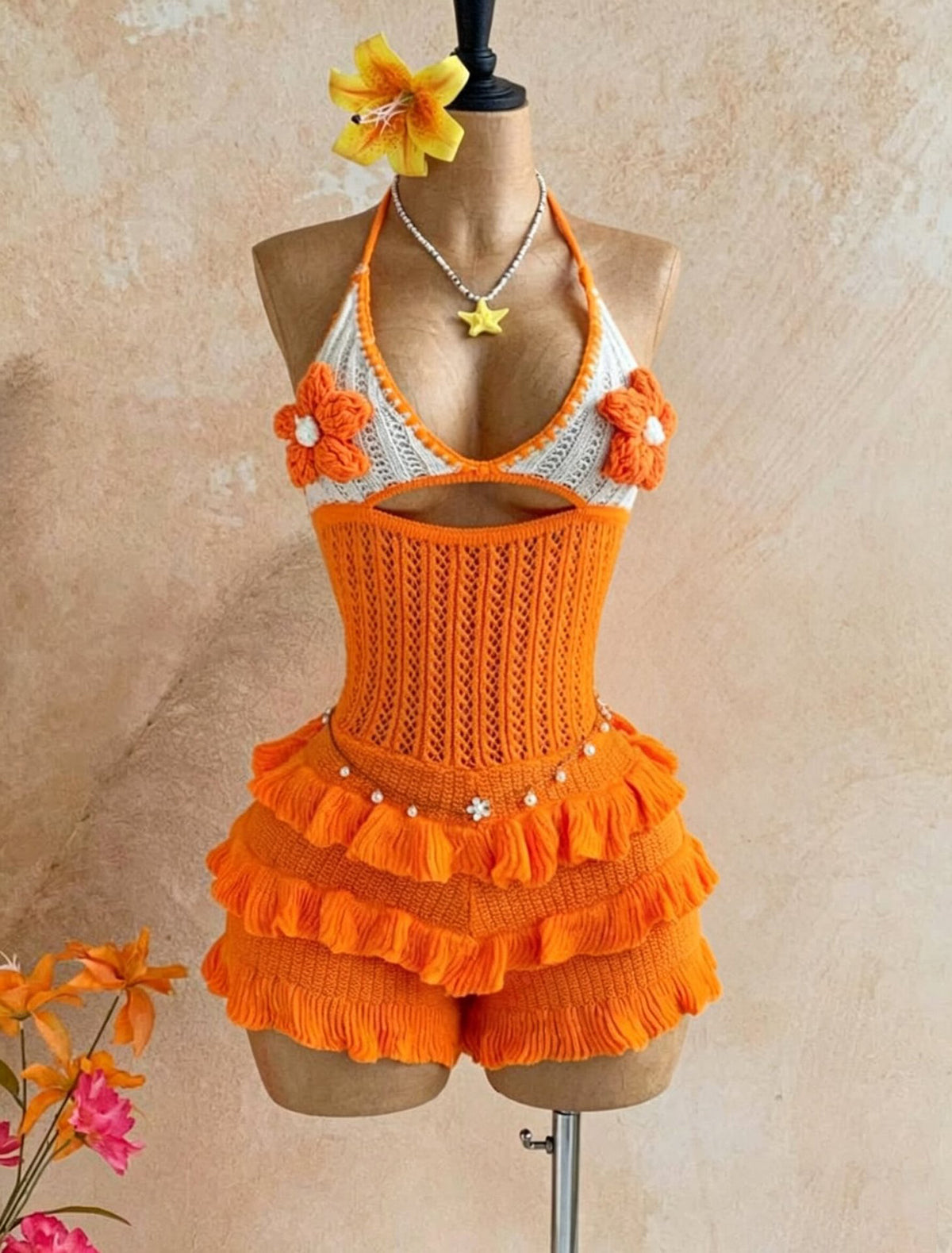 Crochet Flower Halter Backless Romper