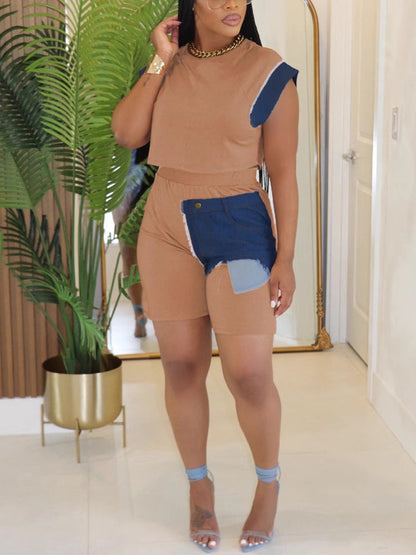 Colorblock Denim Top Shorts Set