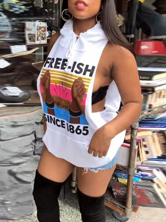 Sleeveless Letter Printed Bodycon  Hooded Top