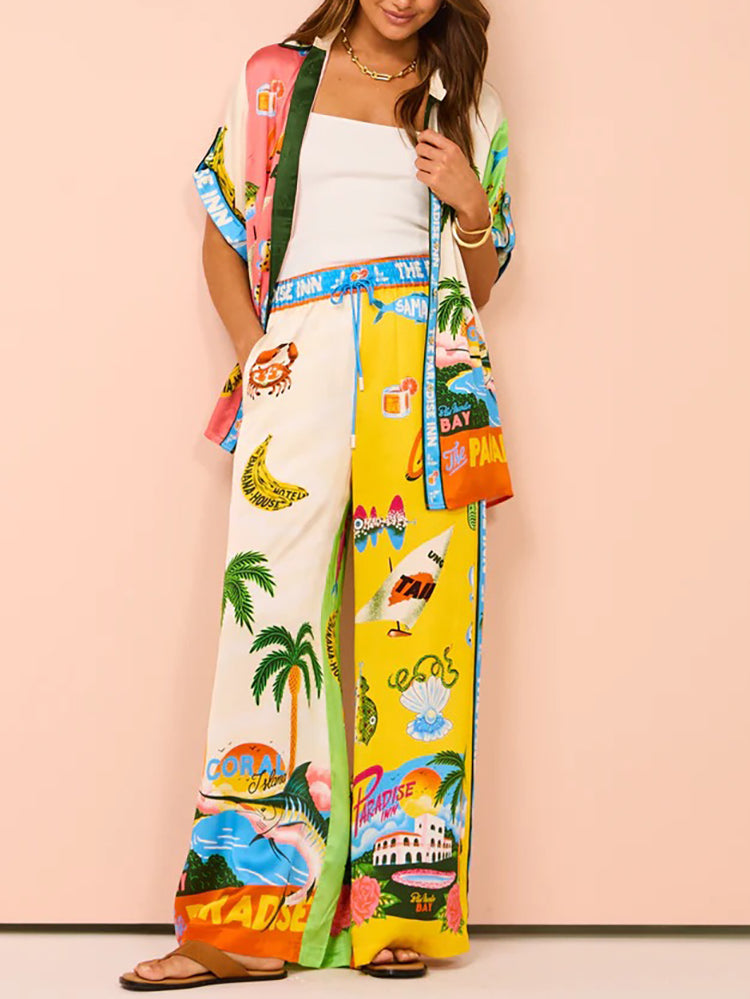 Printed Shirt Wide Leg Pants Set
