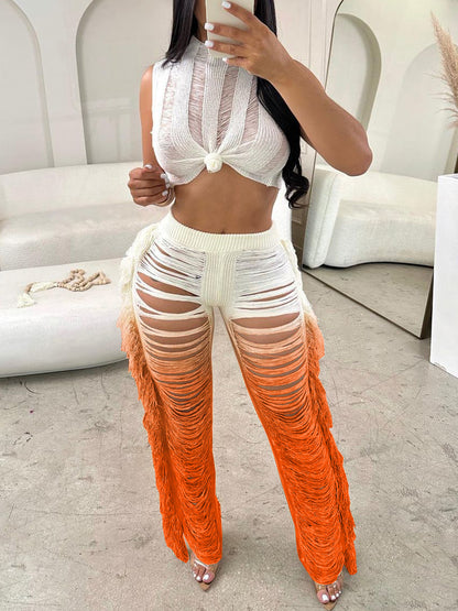 Gradient Crochet Halter Top Fringe Pants Set
