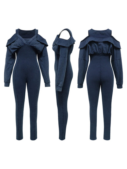 Off Shoulder Long Sleeve Ribbed Jumpsuit