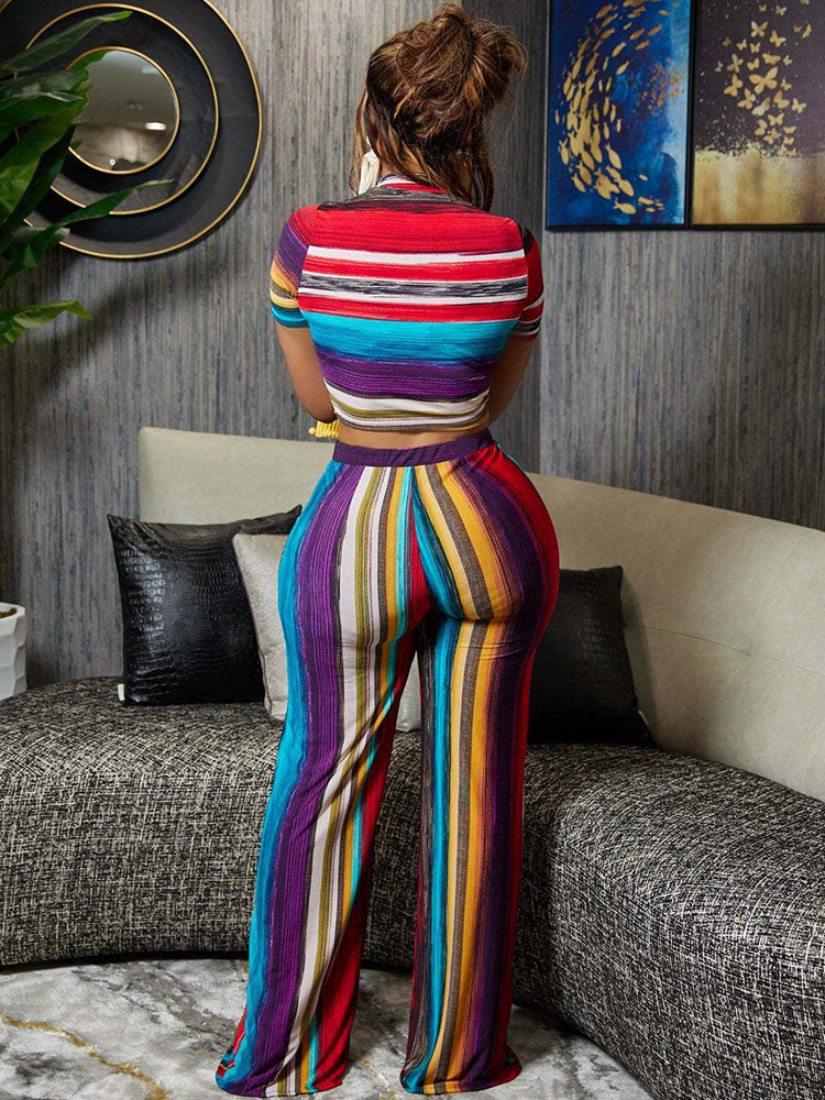 Striped Crop Top and  Wide Leg Pants Set