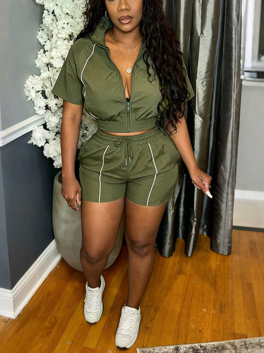 Colorblock Zip Top Shorts Set