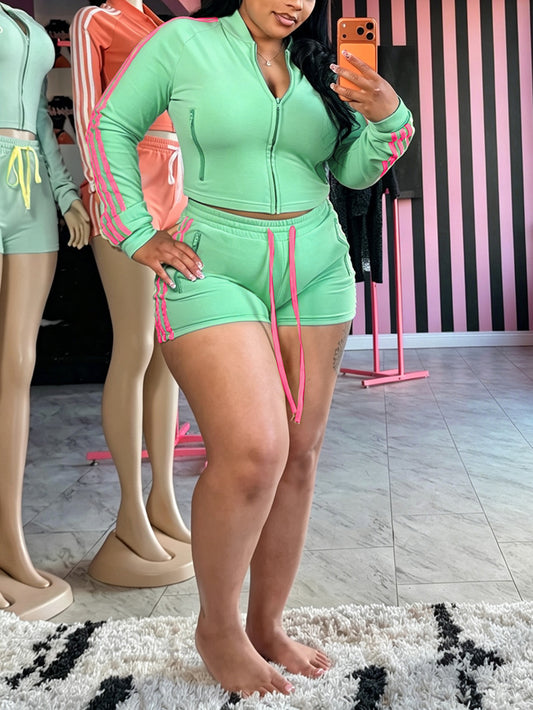 Color Block Zipper Jacket Shorts Set