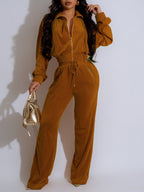 Zipper Jacket Wide Leg Pants Set