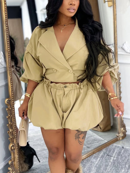 Puff Sleeve Top Bubble Shorts Set