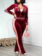 Embroidered Velvet Jacket Flare Pants Set