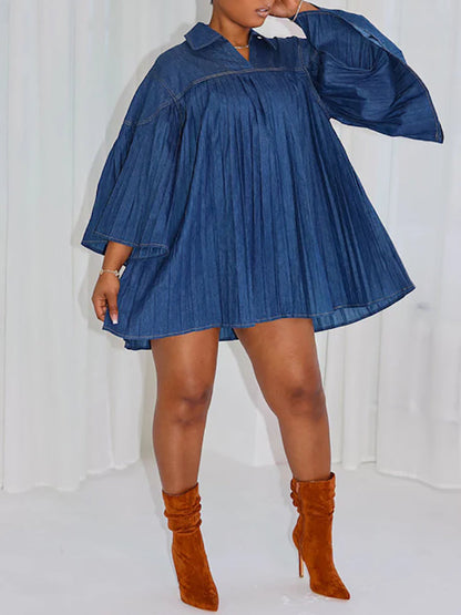 Oversized Denim Pleated A-Line Shirt Dress