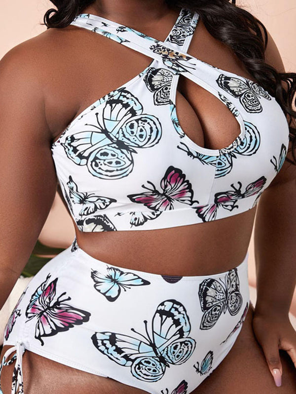Plus Size Halter Neck Butterfly Print Swimsuit