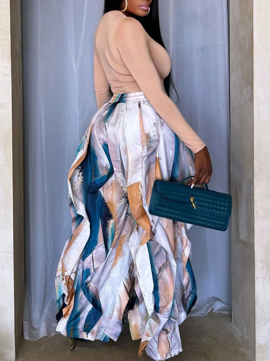 Geometric Printed Ruffle Trim Pants