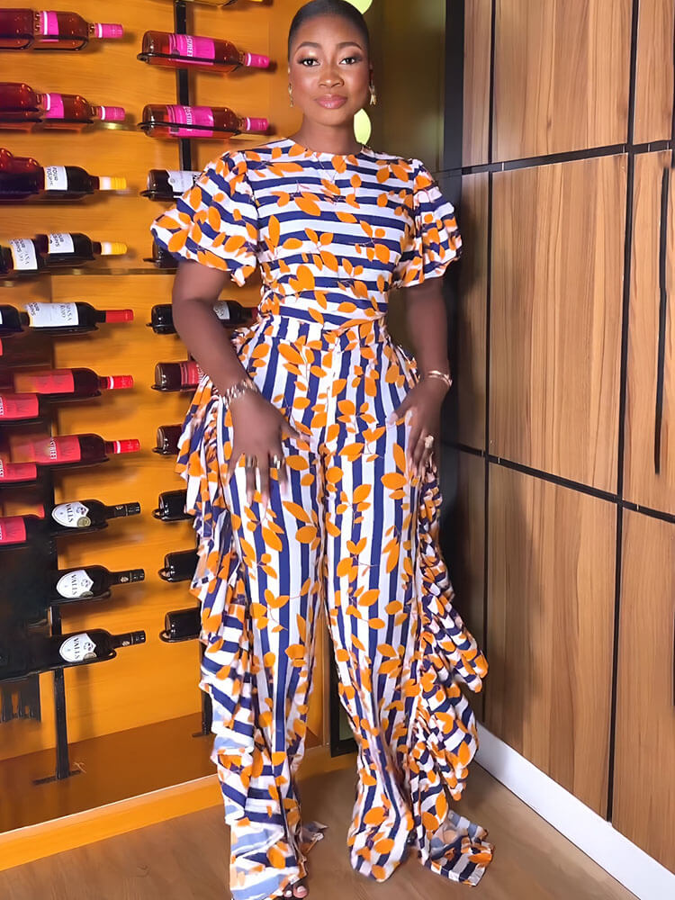 Mamelucos con volantes y estampado de rayas de manga corta 