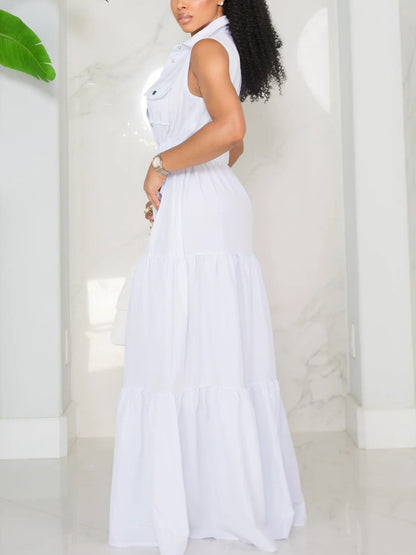 Sleeveless Collared Button Front Flowy Dress