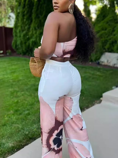 Two Piece One-Shoulder Floral Print Pants Set