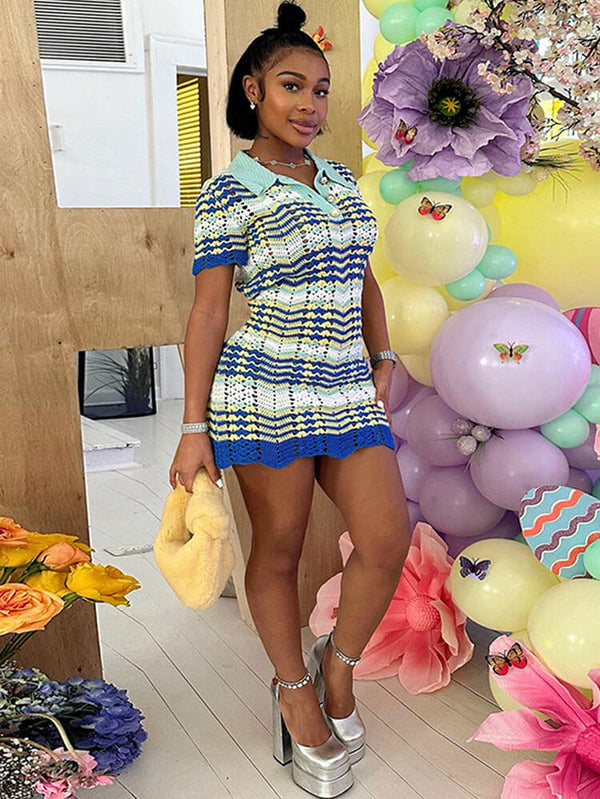 Knit Short Sleeve Color Block Mini Dress