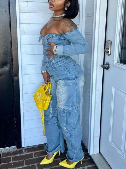 Off-Shoulder Pockets Denim Jumpsuit