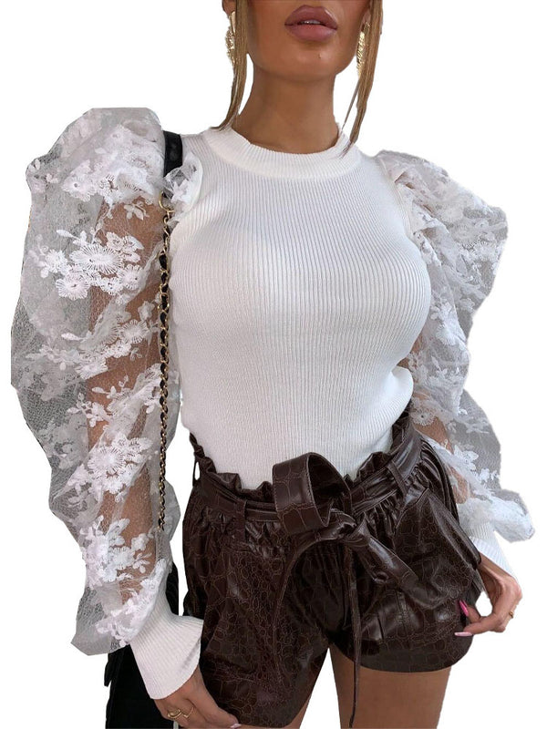 Lace Knit Patchwork Puff Sleeve Tops