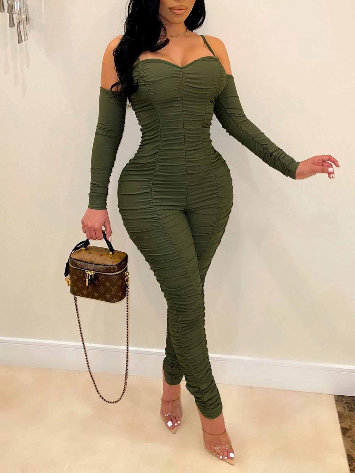 Strapless Ruched Long Sleeve Jumpsuit