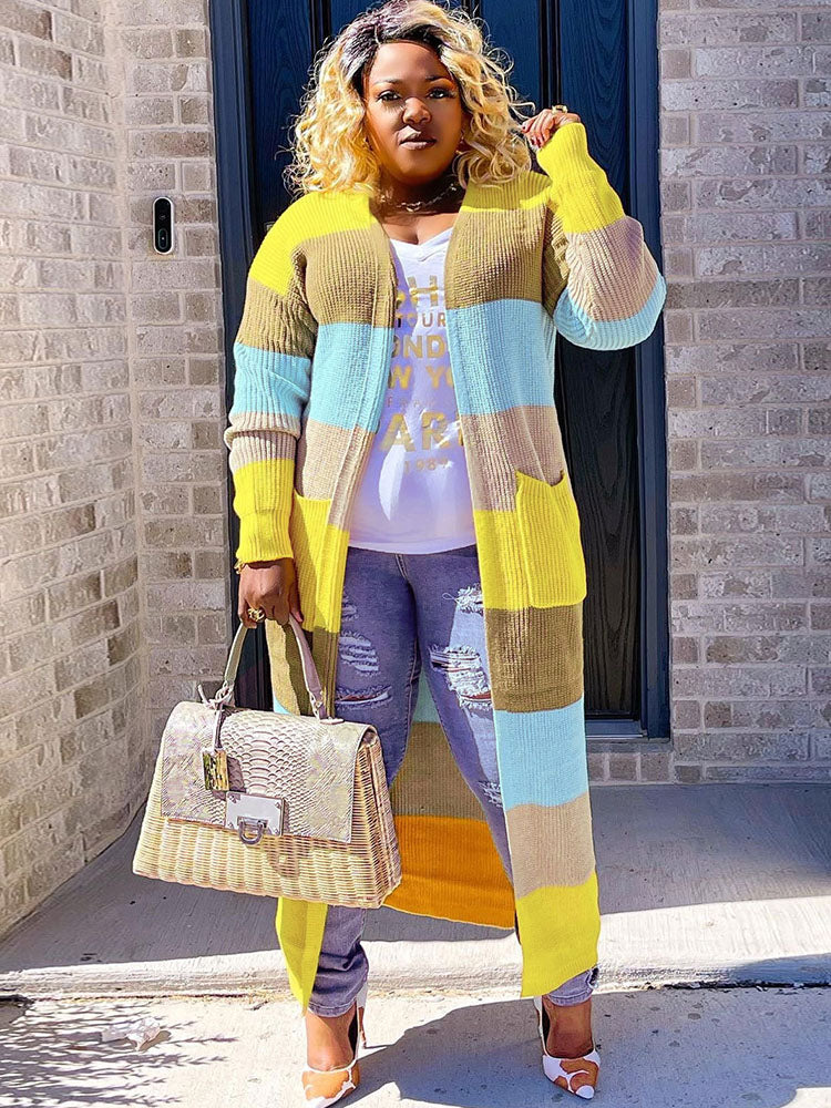 Cárdigan tipo suéter de manga larga con bloques de color de talla grande